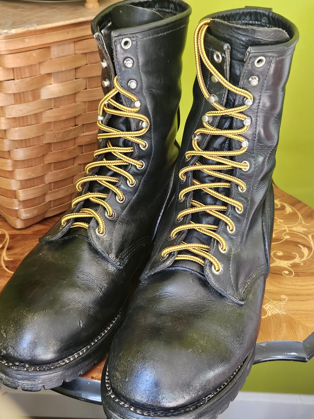 Red Wing Shoes Black Leather Logger Boots with Yellow Laces